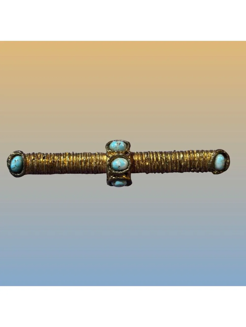 Gold Tone Turquoise Cabochons Rope-Like Texture Brooch Bar Pin Statement Vintage